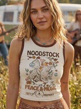 Hybrid Apparel Woodstock Cream Cropped Tank with Brown Trim X L Festival Y2K